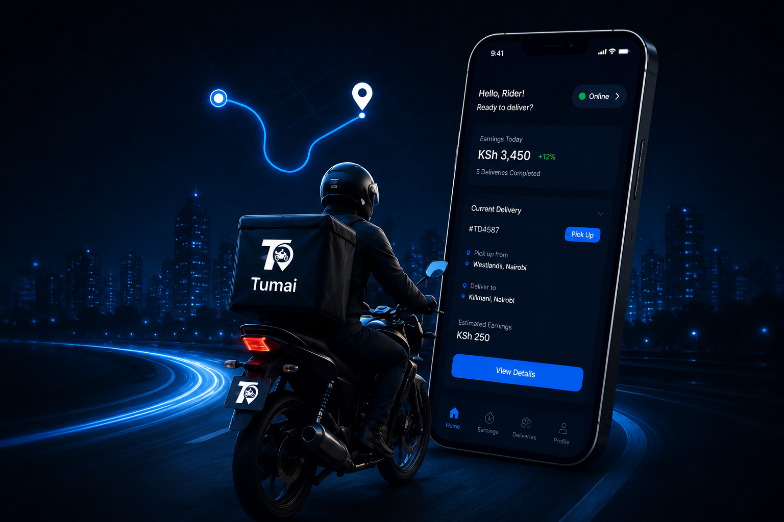 Tumai delivery biker and mobile app preview